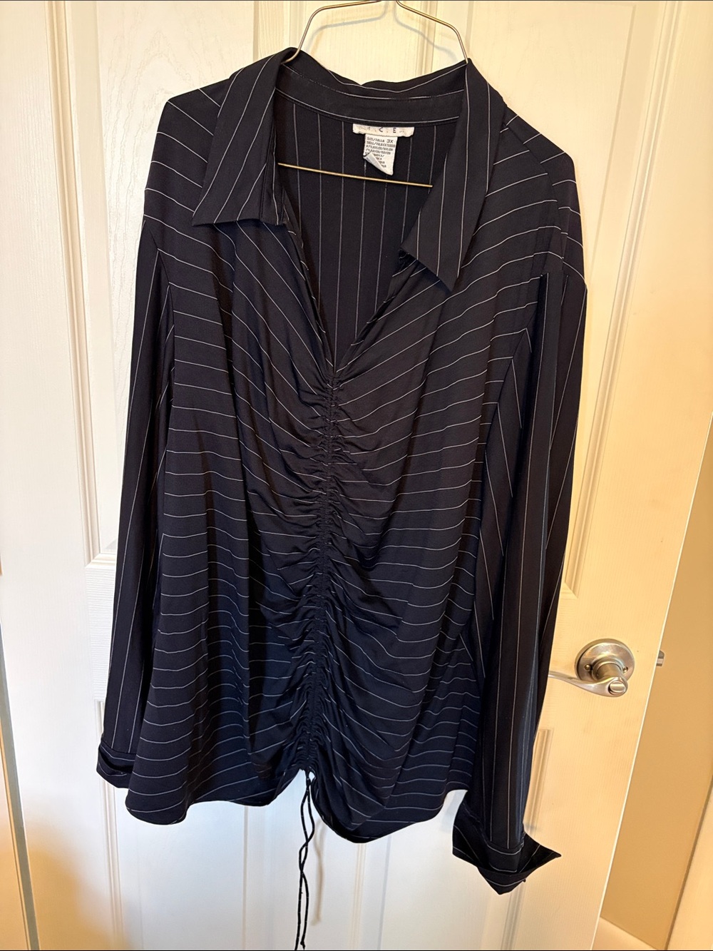 Ice Navy Pinstripe Ruched Front Button-Down Shirt